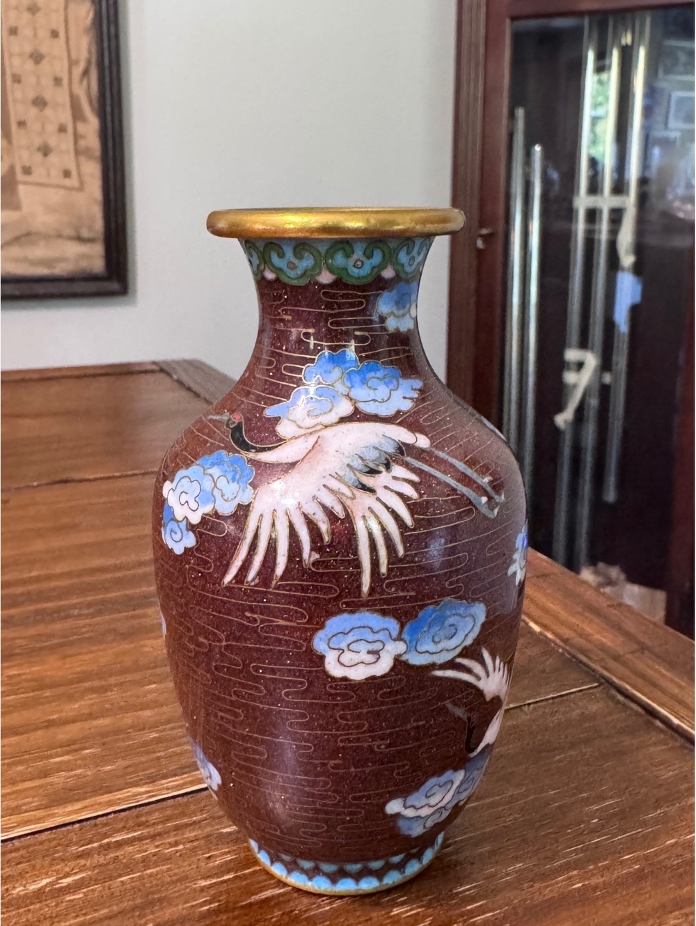 Vintage Chinese Gold Aventurine Cloisonné Vase 4 Flying Cranes 5.5”